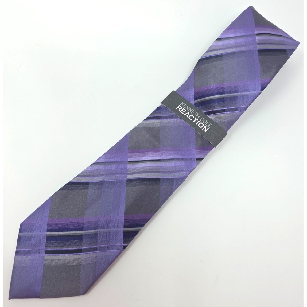 Kenneth Cole Reaction Tie Mens Purple Gray Plaid Silk Classic Designer NWT